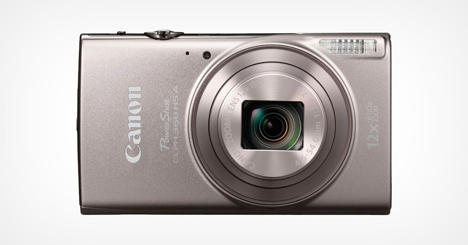 A silver Canon PowerShot digital camera with a retractable lens, flash, and 12x optical zoom, shown facing forward against a plain white background.