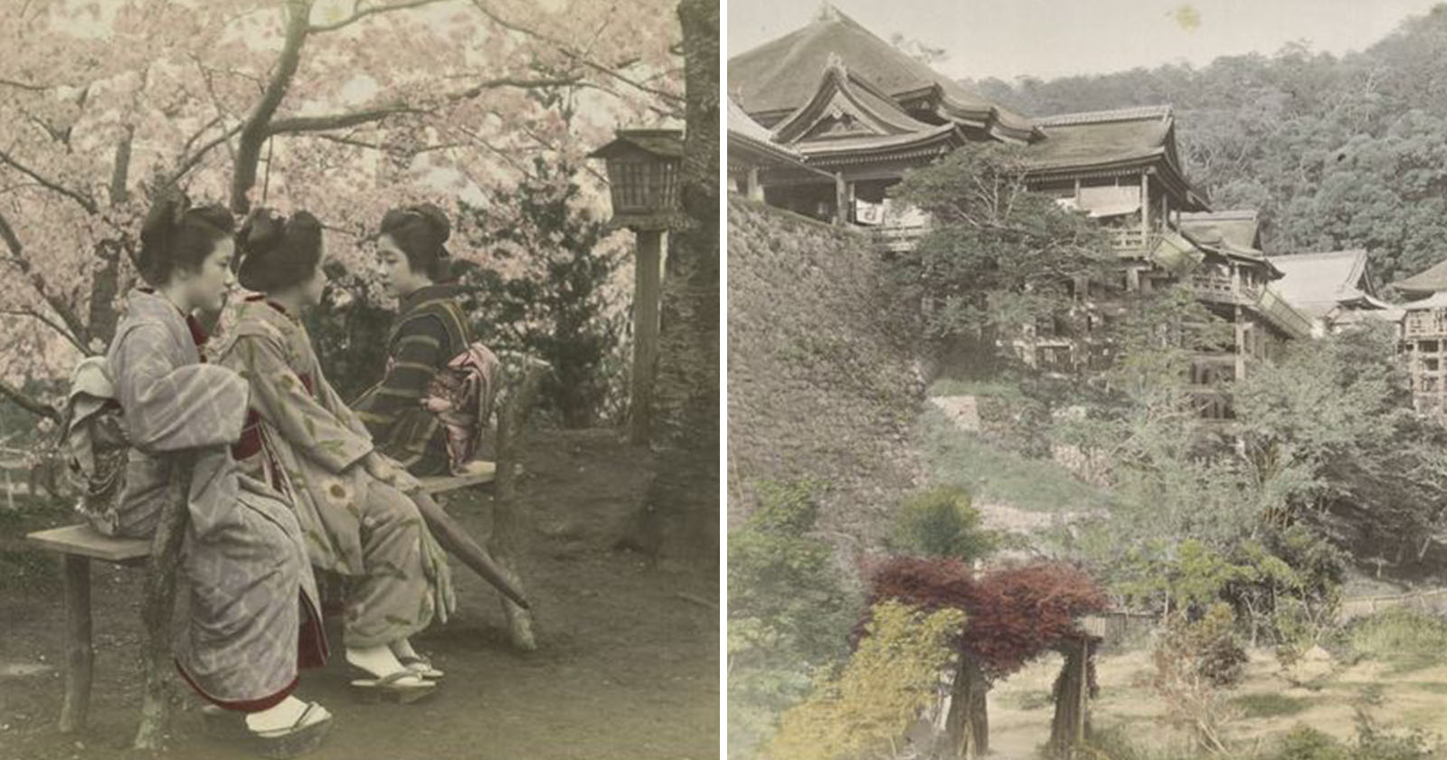 Two vintage photos: on the left, three women in kimonos sit on a bench under blossoming trees; on the right, a traditional Japanese temple stands among trees on a hillside.