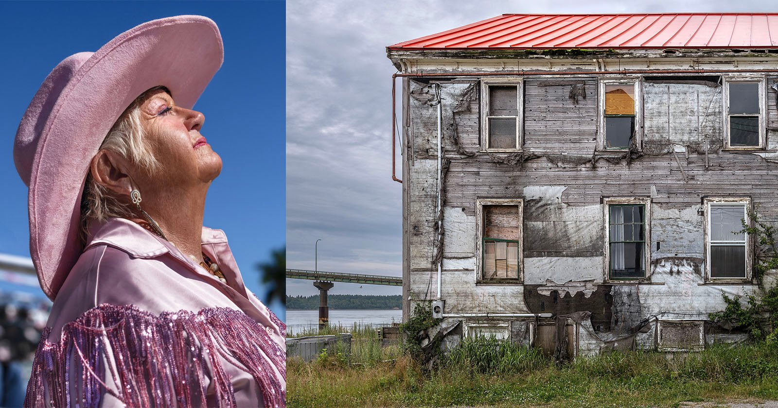 A woman in a pink hat and fringed jacket stands with her eyes closed under sunlight, next to an old, weathered house with peeling paint and boarded-up windows. A bridge and greenery are visible in the background.