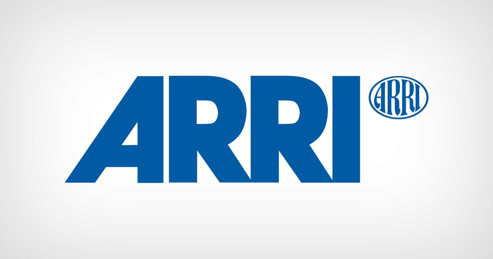 The ARRI logo features large, bold blue letters spelling ARRI, with a smaller circular emblem containing ARRI in blue lines on a white background.