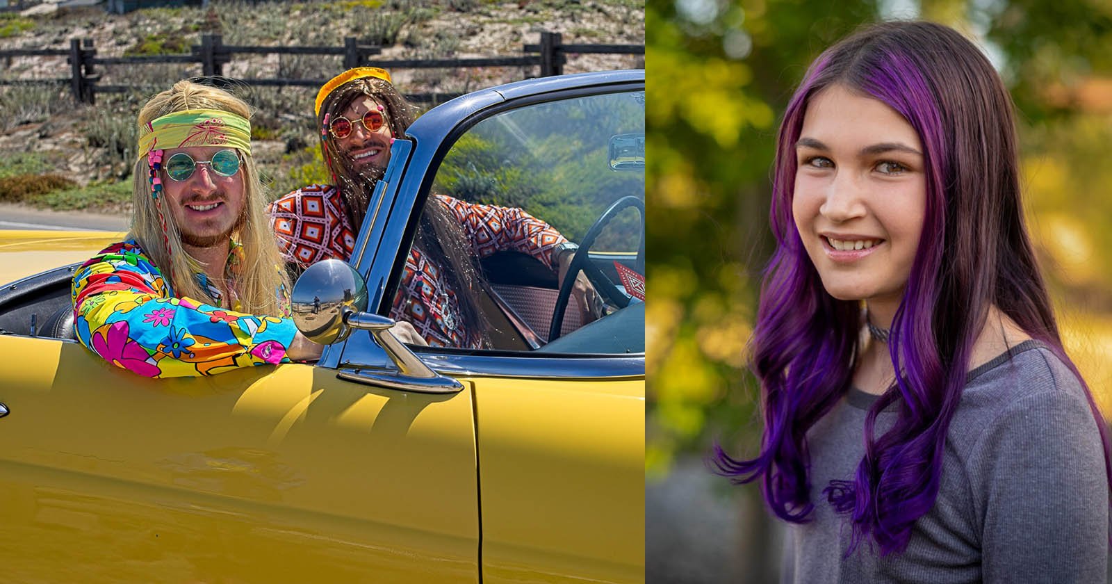 Two men in colorful 1970s-style clothes and wigs sit in a yellow convertible car, smiling. Next to them, a girl with long purple hair and a gray shirt smiles at the camera outdoors.