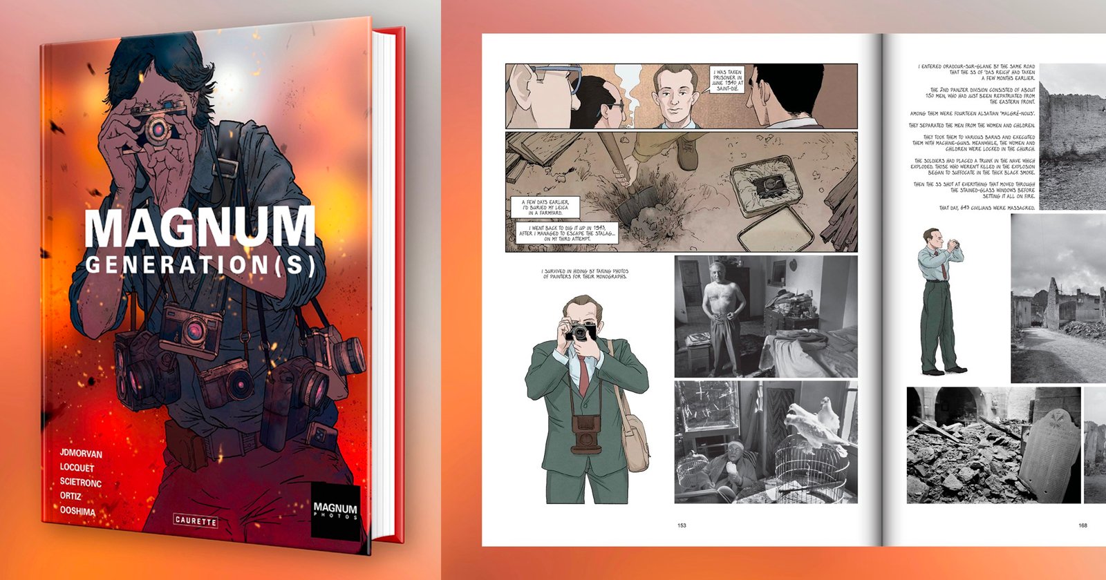 A graphic novel titled Magnum Generation(s) with a cover illustration of a photographer taking a picture. Next to it are two open pages showing comic-style panels of photographers and war scenes.