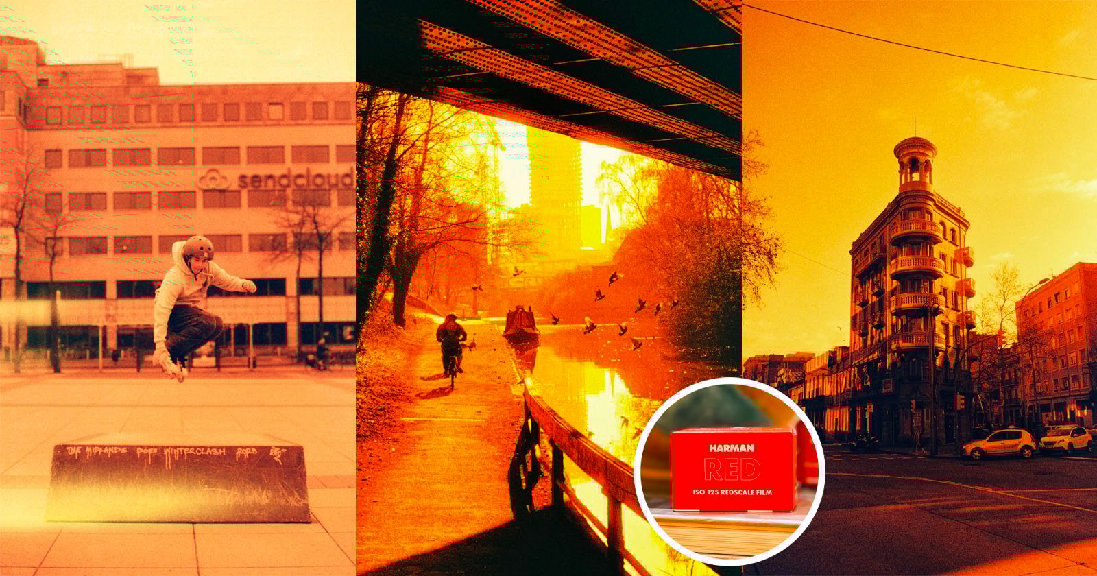A triptych image with a skateboarder mid-jump in front of a building, people walking by a canal under a bridge with birds flying, and a historic tall building. The entire image has a red-orange filter with an inset of the HARIMAN RED ISO 50 film branding.
