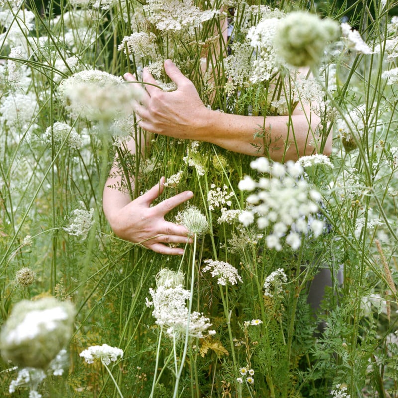 A photo of a woman hugging plants