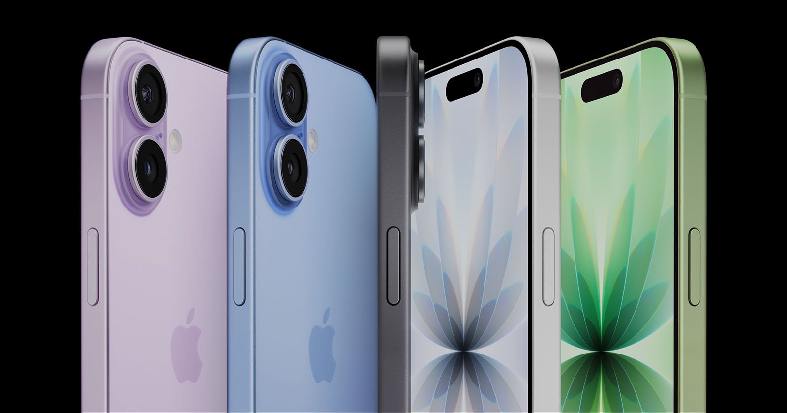Four Apple iPhones in purple, blue, black, and green are shown close up, displaying their rear cameras and side buttons against a black background. Two phones show their screens with floral graphics.