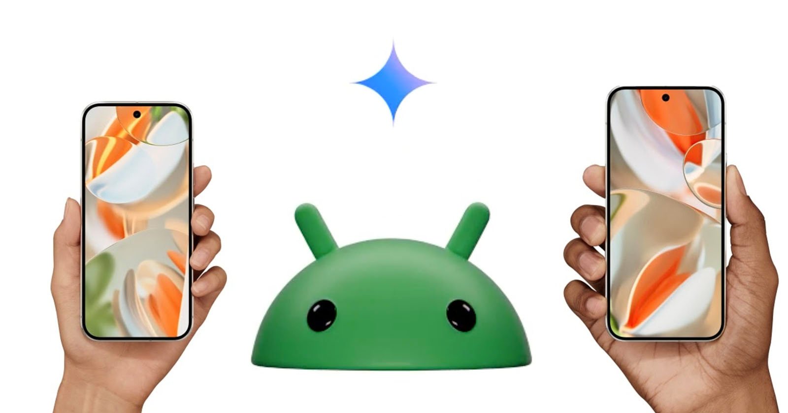 Two hands each holding a smartphone with similar abstract wallpapers, separated by a sparkling icon and a green Android robot head in the center on a white background.