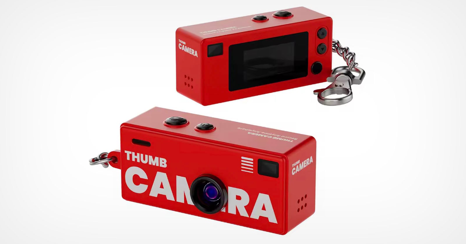 Two views of a small, red rectangular digital camera with THUMB CAMERA printed on it, featuring a lens, buttons, a screen, and a keychain attachment.