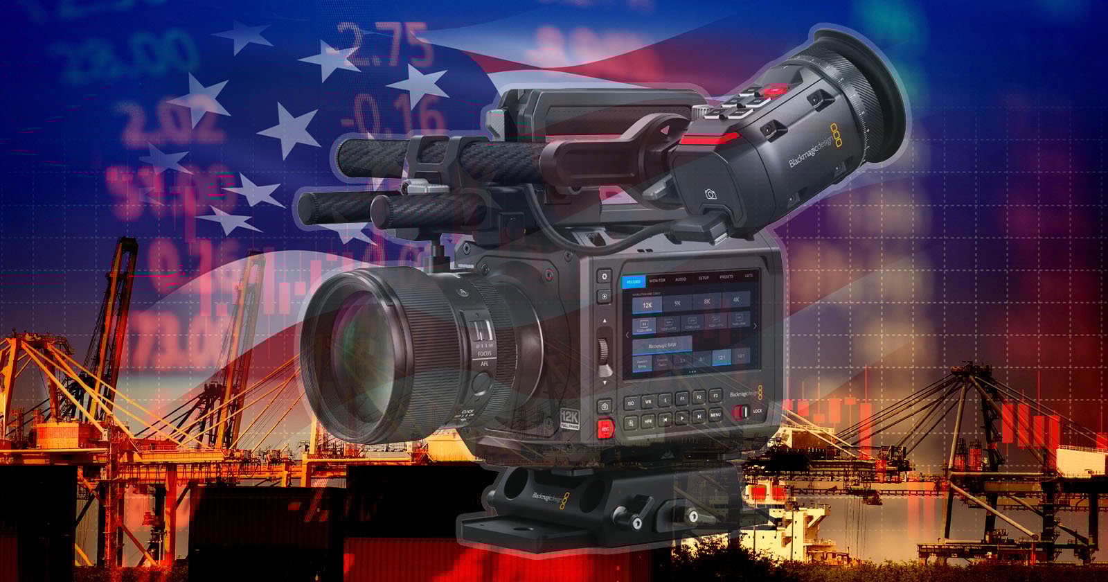 A professional video camera is superimposed over a background of a U.S. flag, financial stock market numbers, and a shipping port with cranes, symbolizing media coverage of economic and trade issues.
