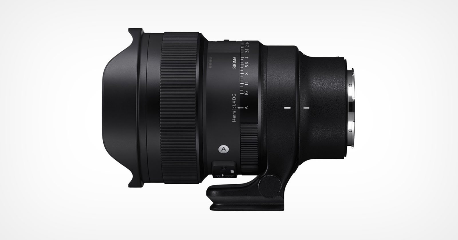 A black camera lens with a wide front element and a tripod collar, shown in a side profile on a white background. Various focus and zoom markings are visible on the lens barrel.