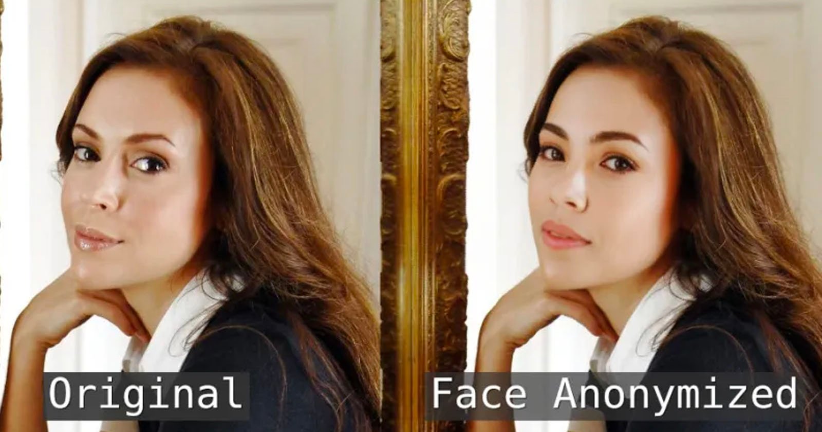 A woman is shown in two side-by-side images. The left image is labeled Original, and the right is labeled Face Anonymized, illustrating changes made to her facial features.