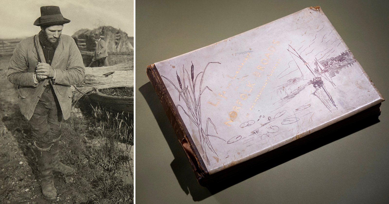 On the left, a black-and-white photo of a man wearing a hat and rugged clothes stands outdoors. On the right, a closed sketchbook with a drawing and the words La Pat Norfolk Broads on the cover.