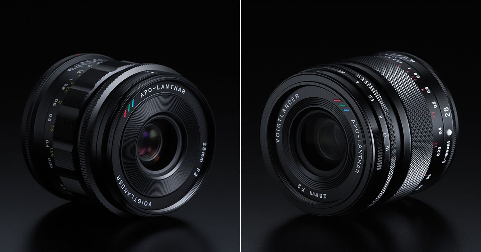 Side-by-side view of two Voigtländer APO-LANTHAR 28mm f/2 camera lenses on a black surface, showing different angles and the lens markings in white, red, blue, and green.