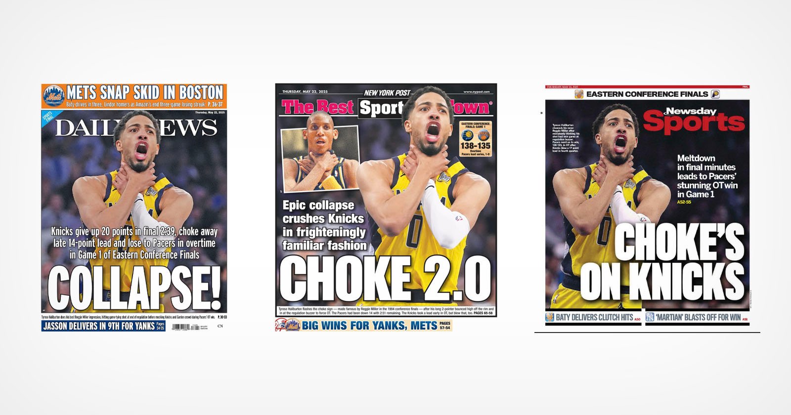 Three newspaper sports covers show a basketball player in a yellow jersey looking shocked or distressed, with bold headlines like COLLAPSE!, CHOKE 2.0, and CHOKE'S ON KNICKS about the Knicks losing a big game.