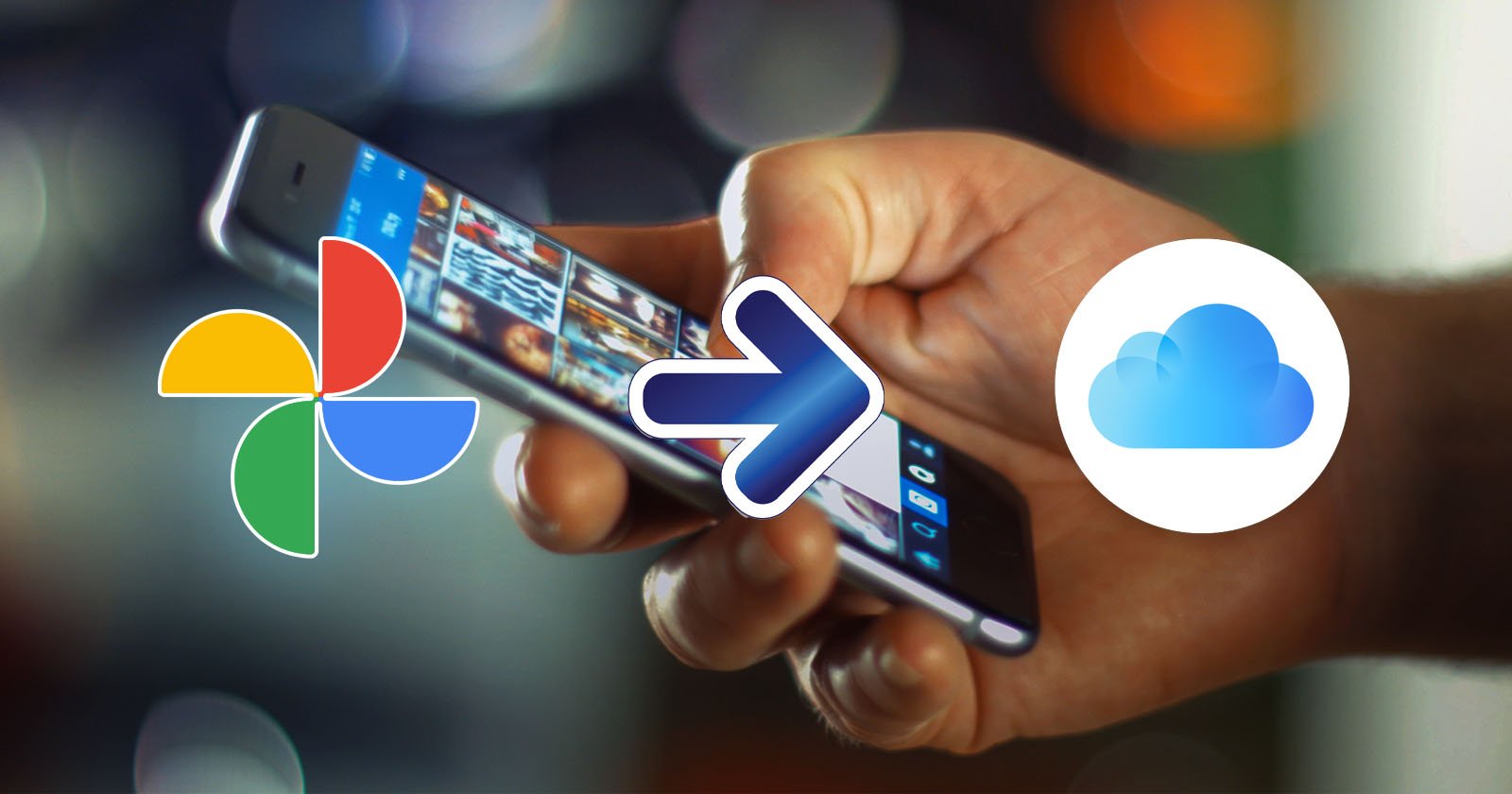 A hand holding a smartphone displaying thumbnail photos on the screen. Overlaid on the image are the Google Photos logo on the left, a rightward arrow in the center, and the Apple iCloud logo on the right, indicating a transfer of photos from Google Photos to iCloud.