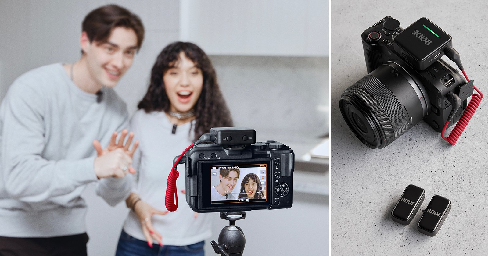 A camera on a tripod films a smiling man and woman indoors; the camera screen shows their image. Next to it, the camera and two wireless microphones are displayed on a countertop.