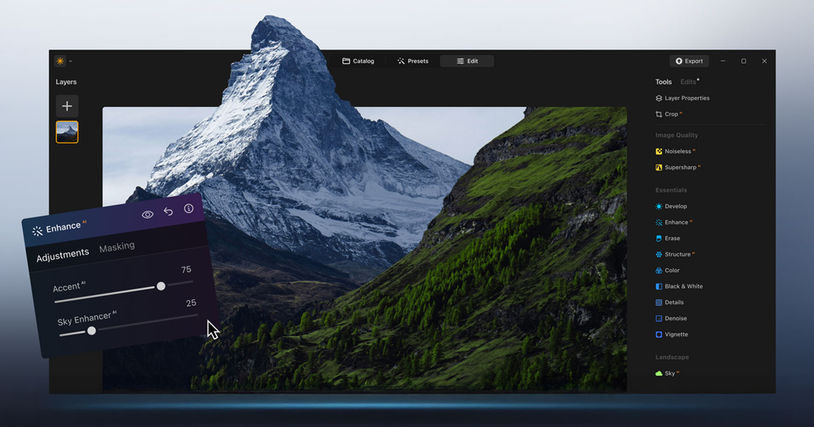 A computer screen displays photo editing software with a mountain landscape. Editing panels show options for Enhance, adjusting sliders for Accent and Sky Enhancer. Various tool options appear on the right.