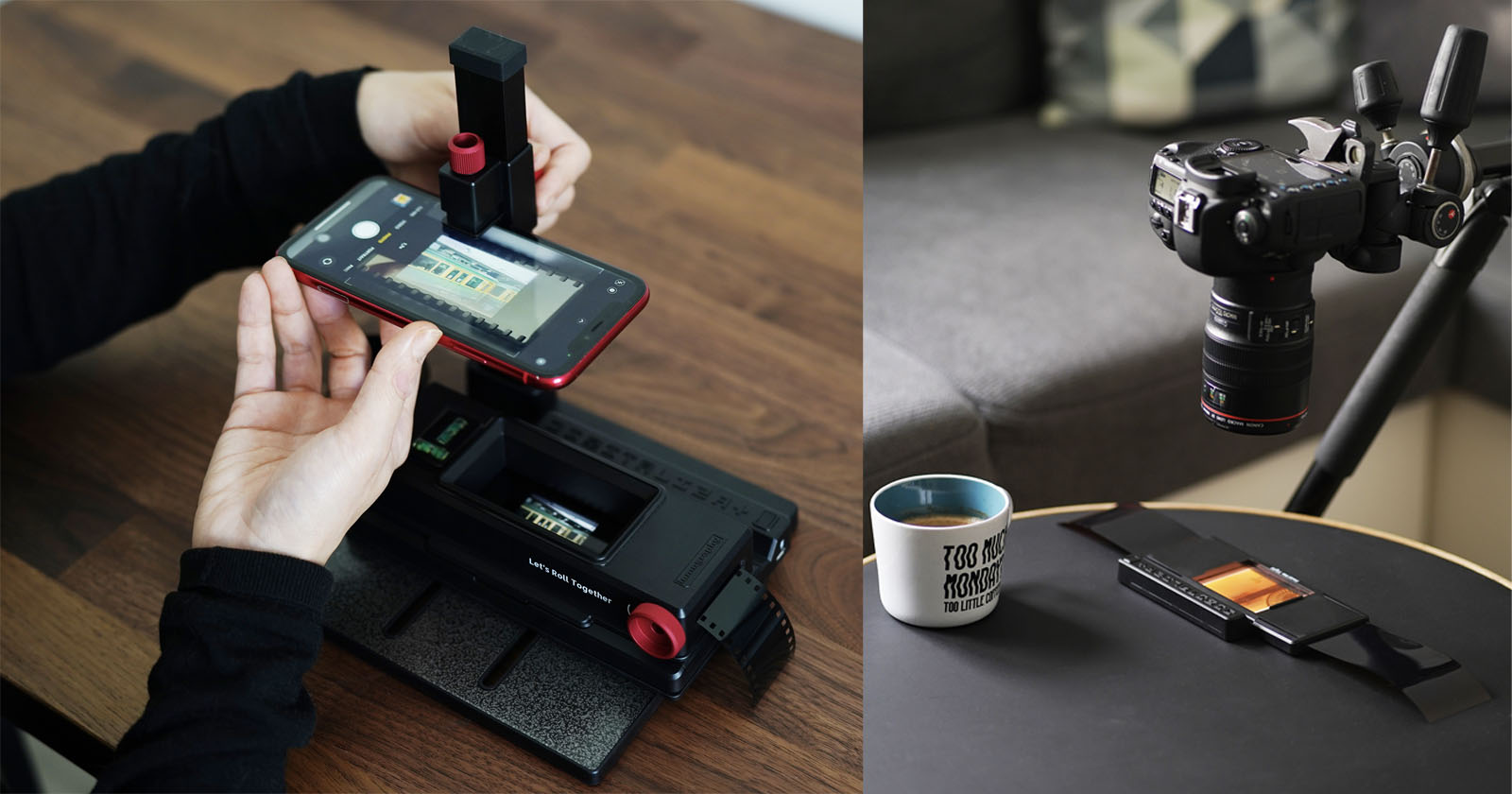 A person uses a smartphone with a mount to scan film negatives. Next to it, a digital camera is setup on a tripod for film scanning. A cup of coffee is on the table beside the equipment.