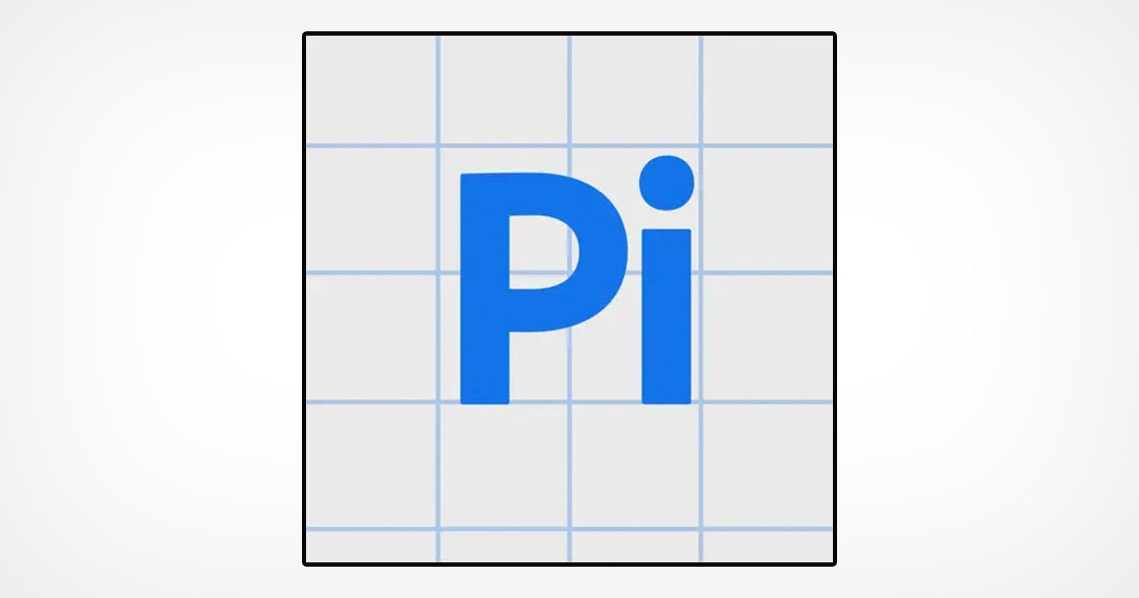 A blue capital letter P and lowercase i appear centered on a white background with a light blue grid pattern. The grid is made up of evenly spaced vertical and horizontal lines.
