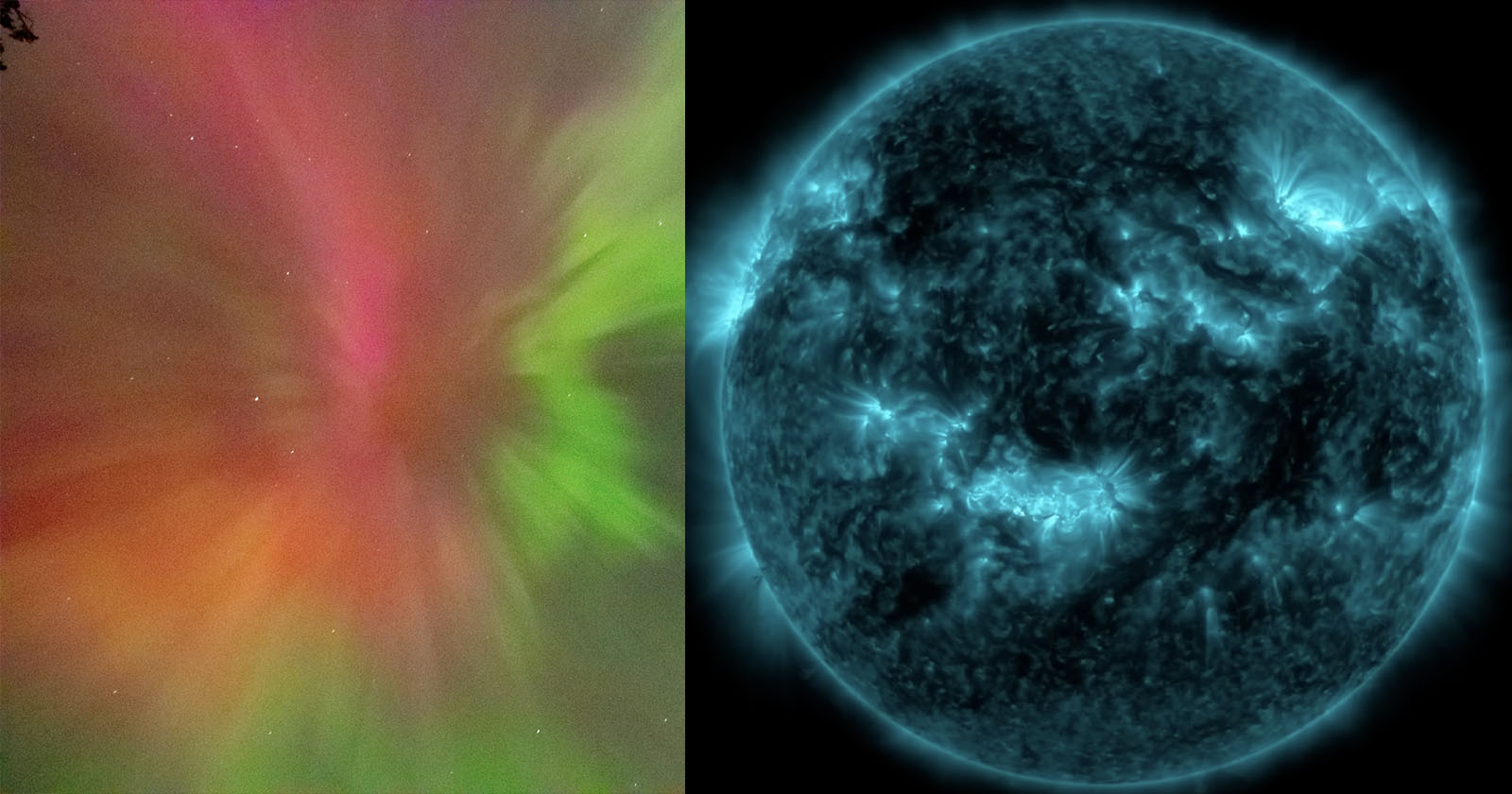 The image is split into two sections. On the left, a vivid display of red, green, and pink aurora borealis lights up the sky. On the right, an enhanced blue-toned image of the Sun shows its glowing surface and active solar phenomena.