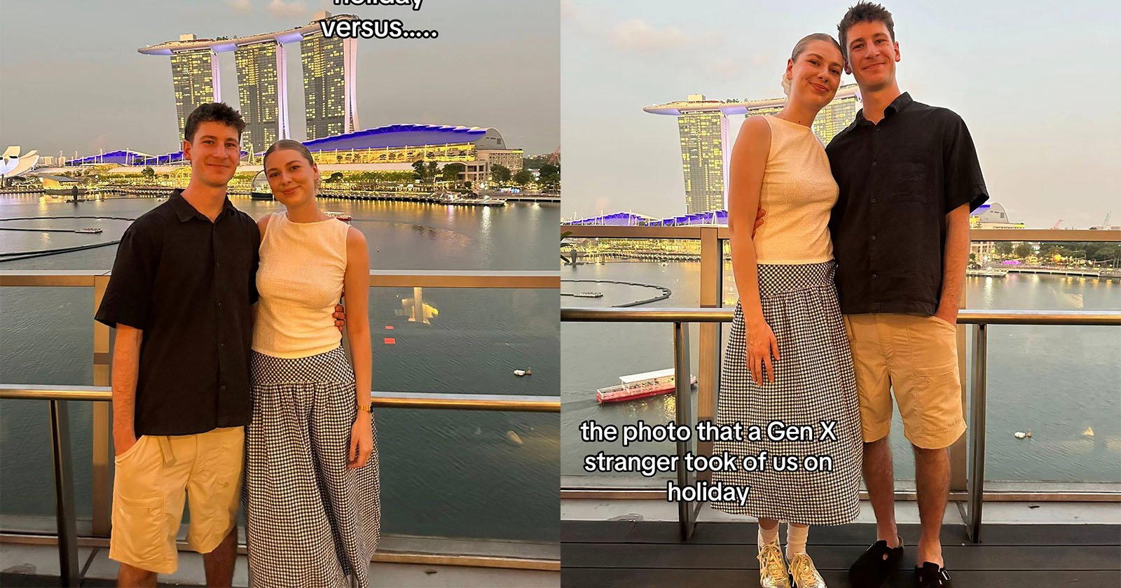 A young couple poses on a balcony at sunset with Marina Bay Sands in Singapore behind them. Left: A warm, balanced selfie. Right: A wider, less flattering photo taken by someone else. Text contrasts Gen Z and Gen X photo styles.