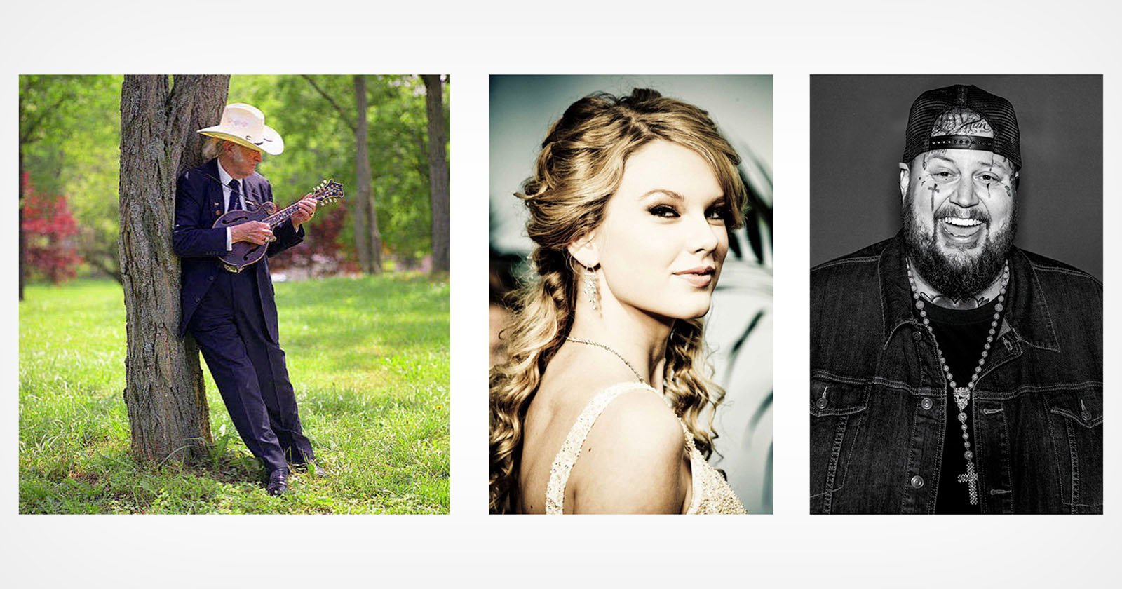 A collage of three images: a person in a cowboy hat playing a mandolin against a tree, a person with long curly hair and a formal outfit, and a person wearing a cap and denim jacket smiling.
