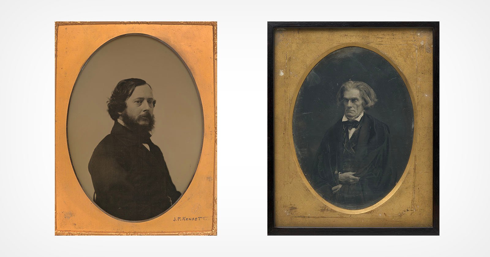 Two antique oval-framed portraits: the left shows a bearded man in dark clothing facing right, and the right shows an older man with white hair in formal attire, looking forward with arms crossed.
