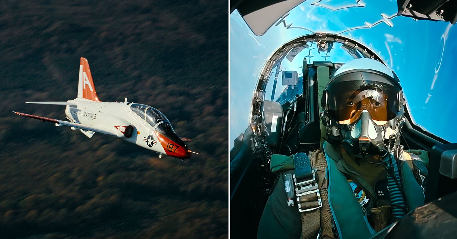 Split image: Left, a white and red military training jet with A on the tail flies over a blurred landscape. Right, a pilot wearing a helmet and visor sits inside a jet cockpit, sky visible through the canopy.
