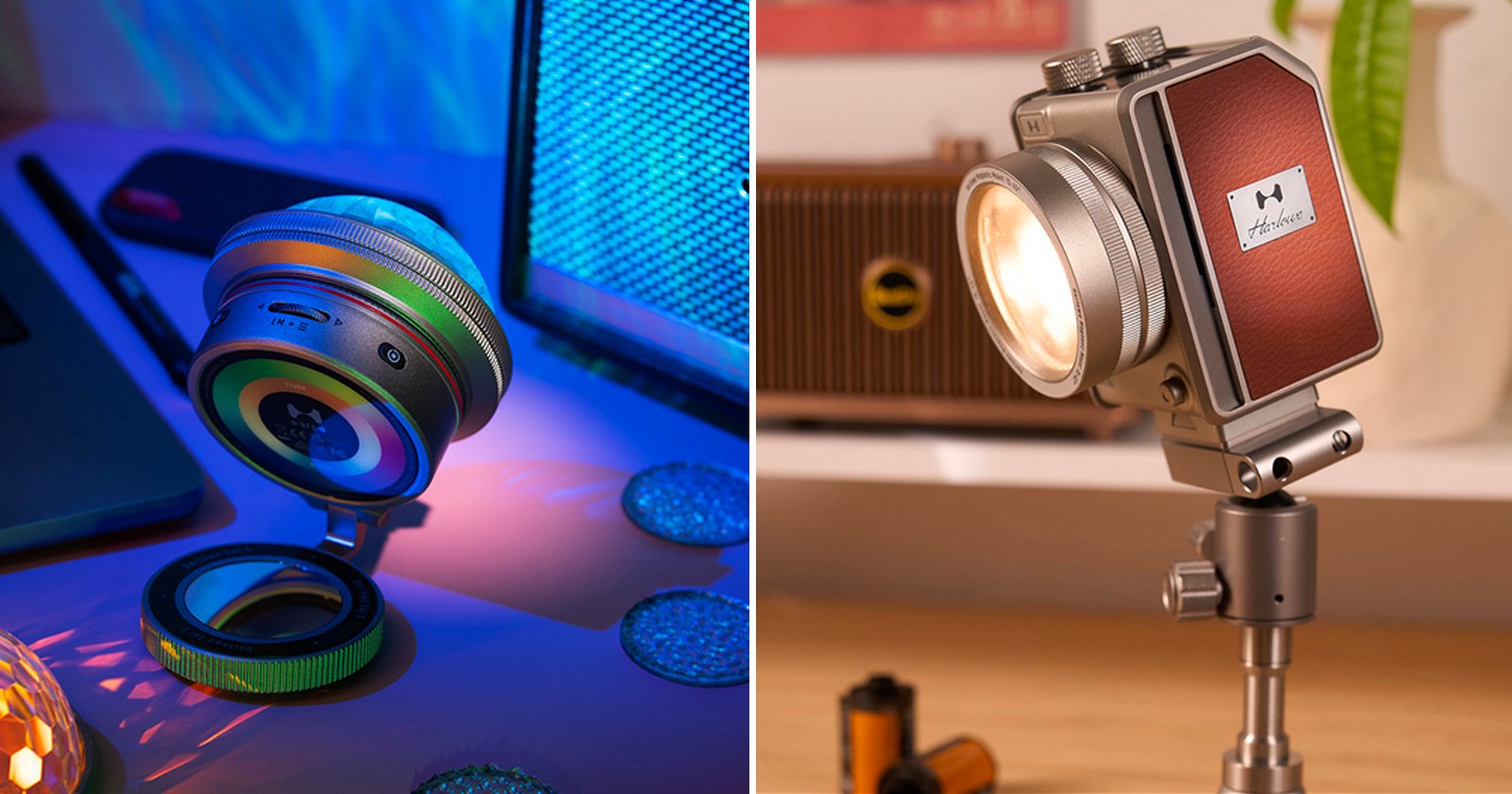 Split image: On the left, a colorful ring light and camera lens sit on a desk with a laptop nearby. On the right, a vintage-style studio light with a red panel is mounted on a tripod in a warmly lit room.