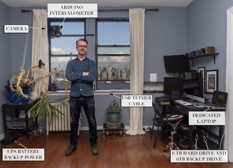 Photographer in his apartment with timelapse setup