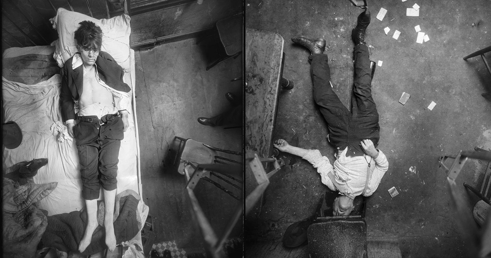 Black and white image divided into two parts shows crime scenes. Left side: a man lying on a bed in disarray; right side: a man lying face-up on the floor surrounded by cards and debris. Both appear lifeless and the rooms are in disarray.