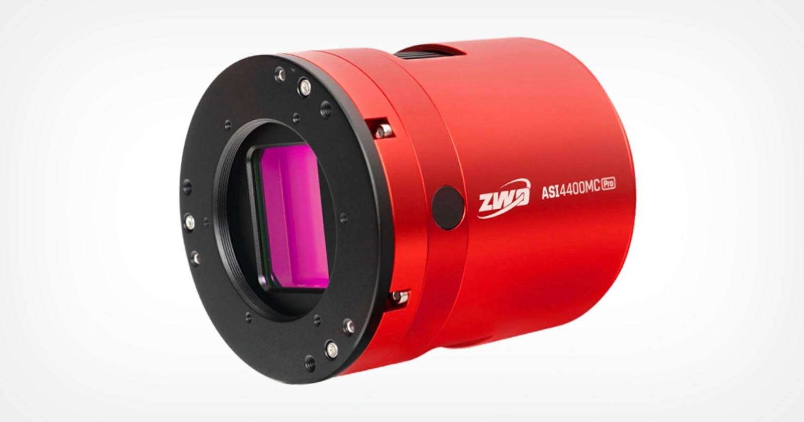 A red cylindrical astronomy camera with a black mounting ring and a visible sensor at the front, labeled ZWO ASI400MC Pro on the side.