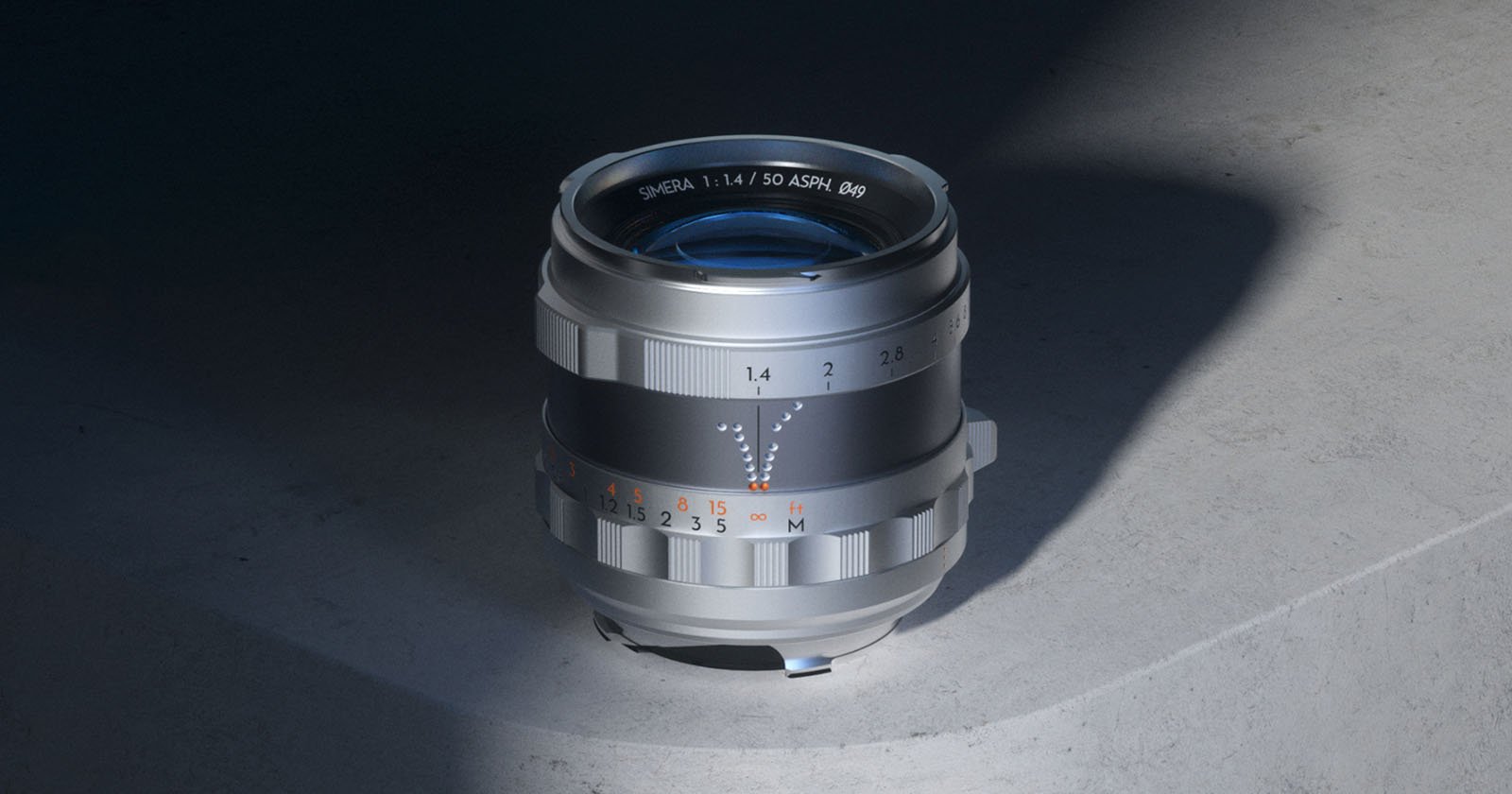 A silver camera lens sits on a concrete surface with minimal lighting. Text on the lens reads SWEA and 1:4/50 ASPH along with various aperture and focus markings. The lighting highlights the texture and details of the lens.