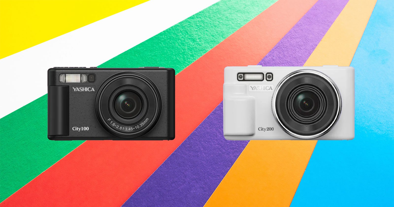 Two cameras are displayed against a colorful geometric background. The left camera is black and labeled Yashica City 100, while the right camera is white and labeled Yashica City 200. The background features diagonal stripes in bright colors.