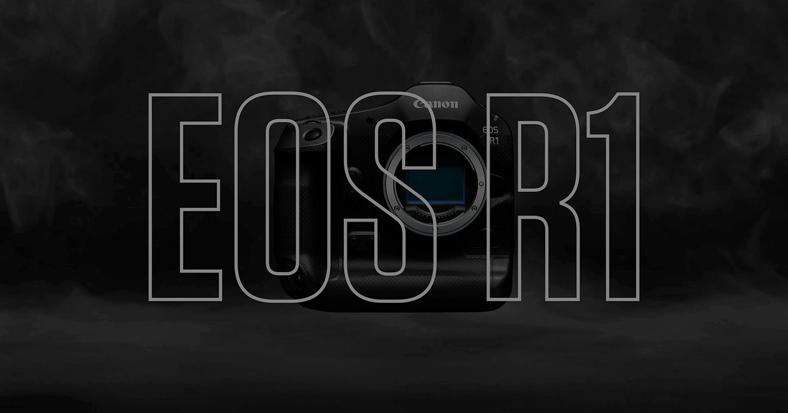 Image of a Canon EOS R1 camera body on a dark, smoky background. The text EOS R1 is overlaid in large, transparent letters, revealing the camera through the letters. The design emphasizes the camera model while keeping the overall image dramatic and minimalist.