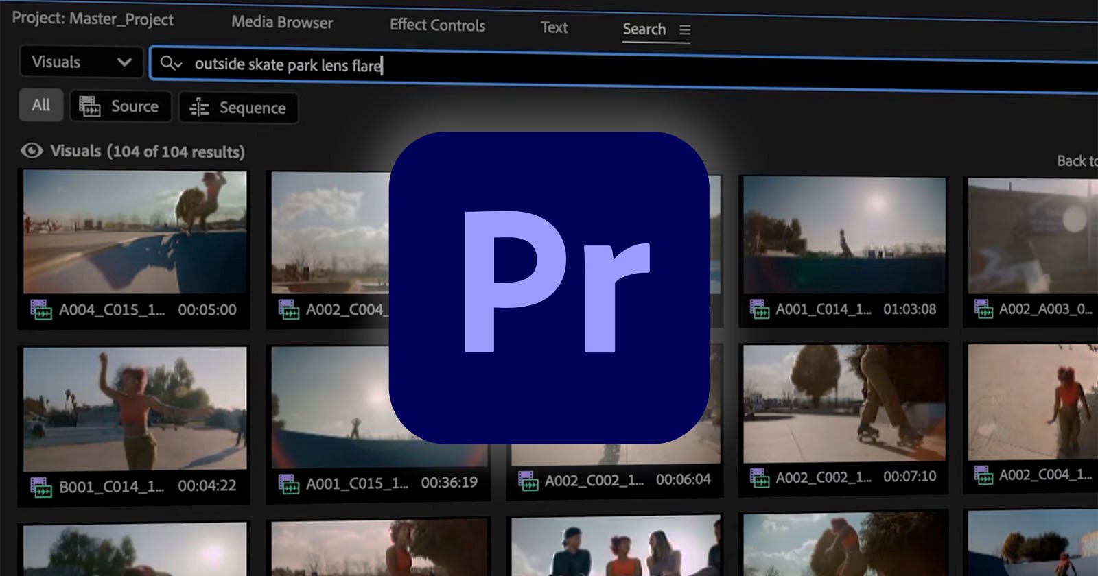 A digital interface displays video thumbnails in a media browsing software. The thumbnails show skate park scenes. An overlay of a large, stylized Pr logo, representing Adobe Premiere Pro, is centered on the screen.