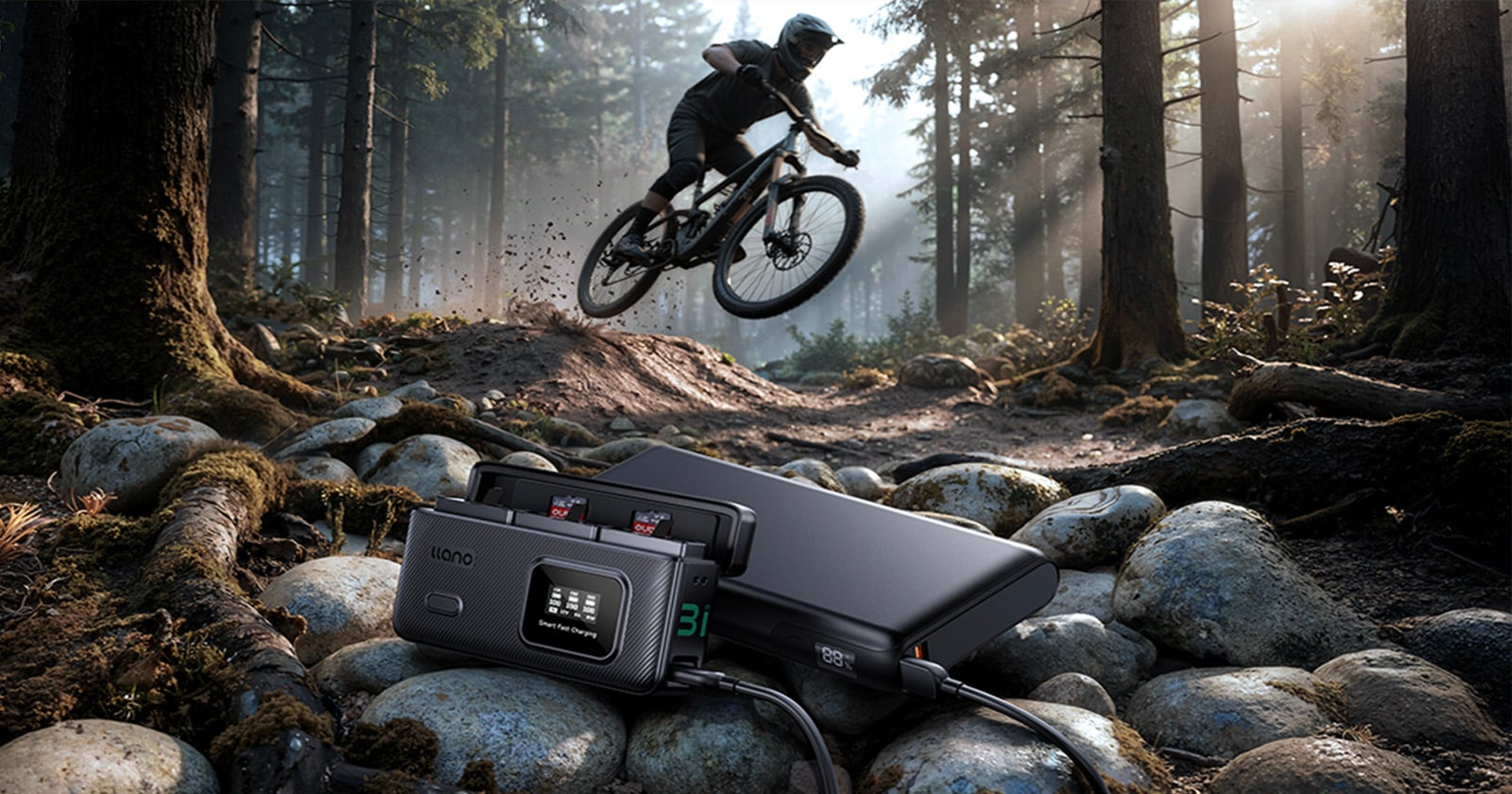 A mountain biker jumps over rocks on a forest trail, with a portable charging device and camera batteries in focus on the rocky ground in the foreground. Sunlight filters through tall trees.