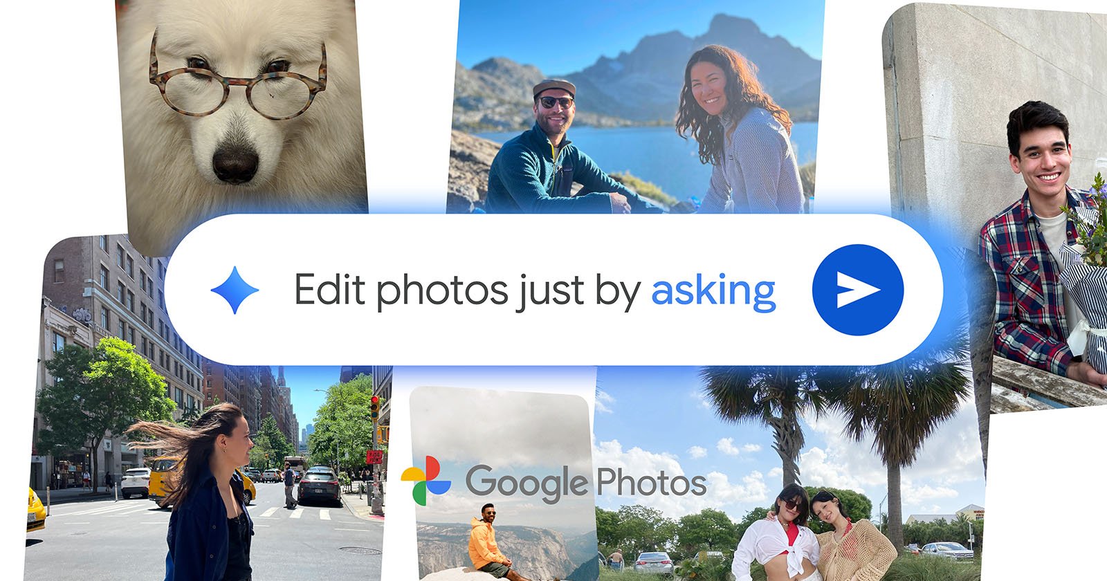 A collage of people and places surrounds a central search bar reading Edit photos just by asking with the Google Photos logo below it.