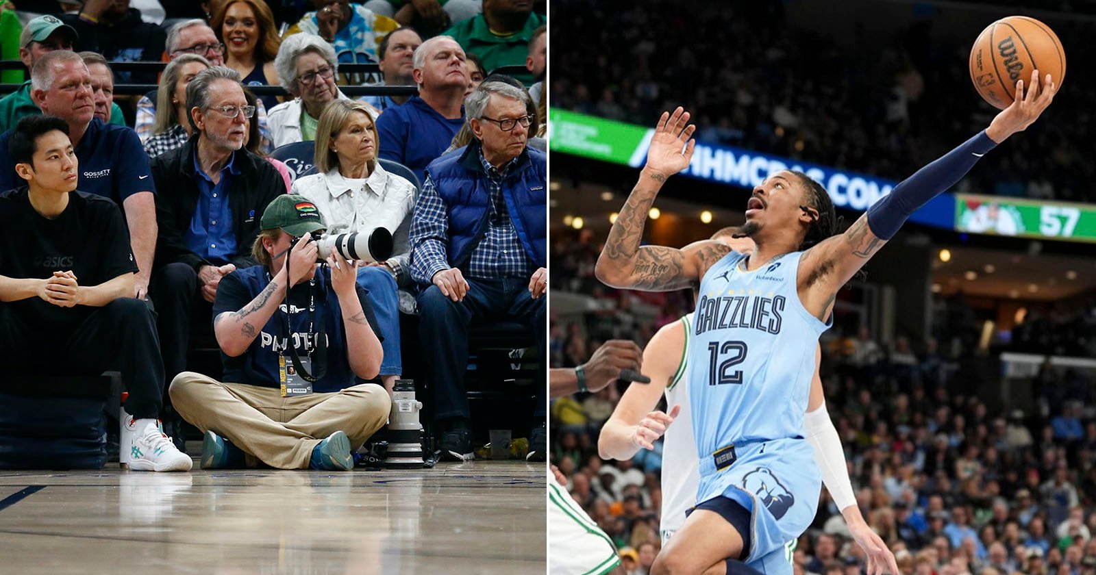 Left side: A photographer sits on the floor, taking photos during a basketball game with spectators watching. Right side: A basketball player in a Grizzlies jersey leaps with a ball towards the hoop in an action shot.
