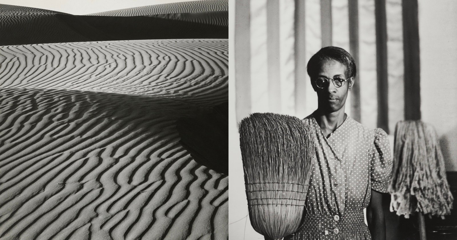 On the left, wind-sculpted ripples cover sand dunes. On the right, a woman in a polka dot dress stands indoors, holding a mop and a broom, with vertical stripes in the background. The image is in black and white.