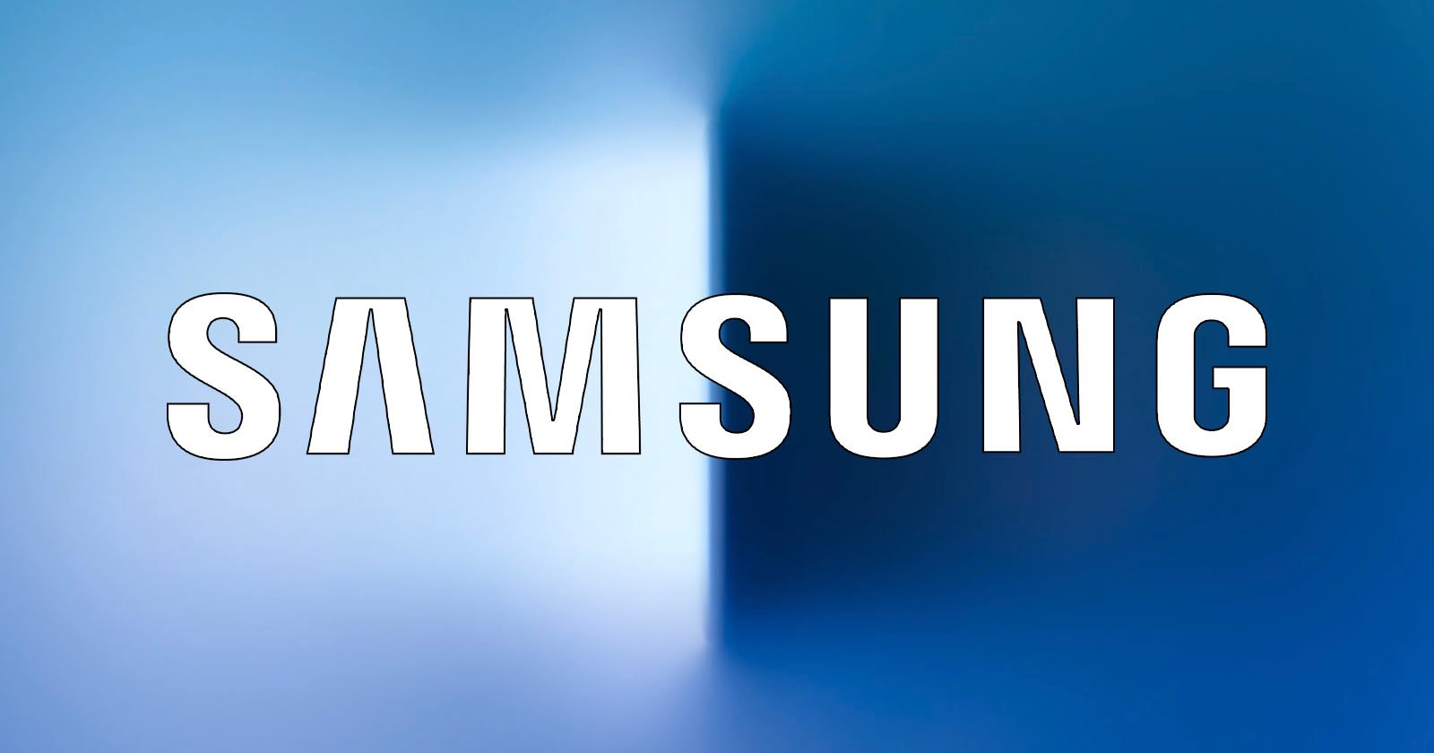 White SAMSUNG text is centered on a blue gradient background, with a bright light in the middle creating a shadowed effect on the right side. The A in SAMSUNG is stylized as an inverted V.