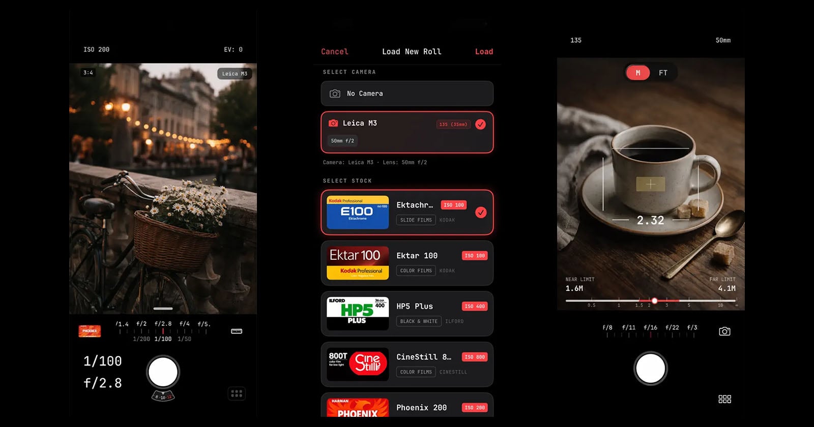 Three smartphone screens show a camera app interface: the first previews a photo of flowers in a bike basket, the second displays film stock selection, and the third shows a cup of coffee with settings overlays.