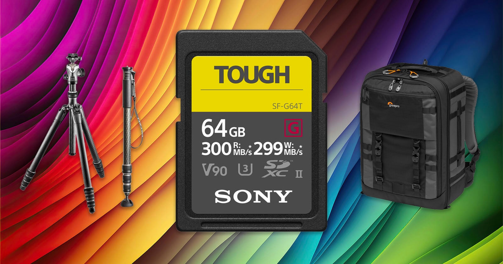A Sony 64GB SD card is centered between a tripod and monopod on the left and a black camera backpack on the right, all set against a vibrant, multicolored abstract background.