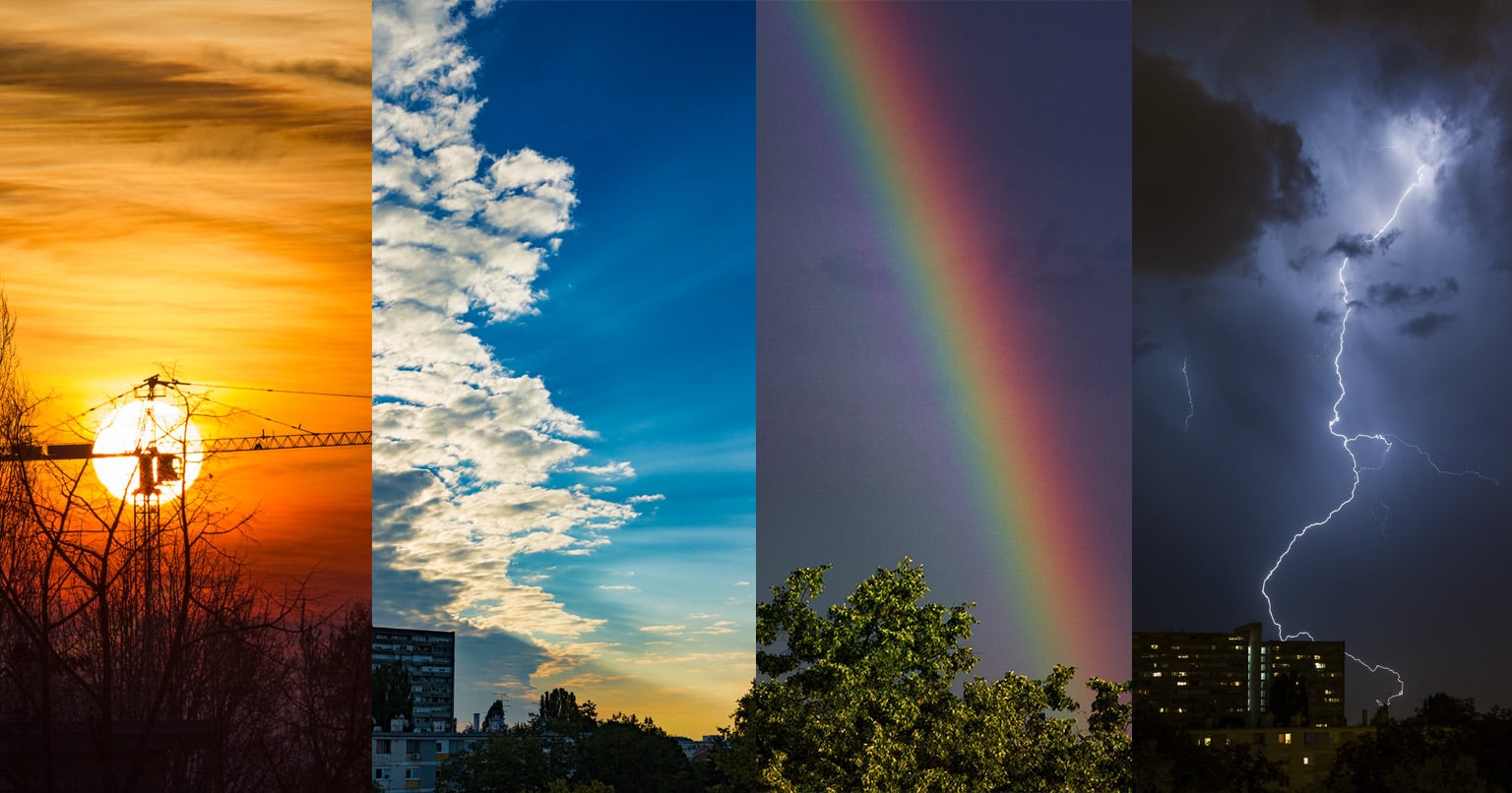 A split image shows four weather scenes: a sunset with an orange sky, blue sky with clouds, a rainbow over trees, and a nighttime thunderstorm with lightning above buildings.