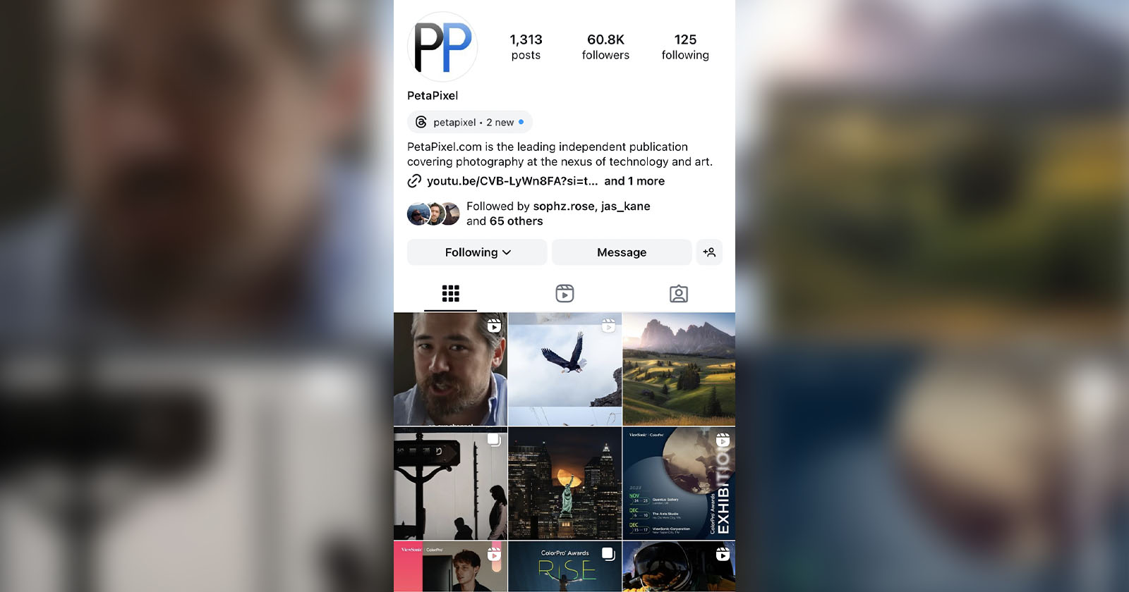 Screenshot of a social media profile displaying Petapixel.com. The profile indicates 1,313 posts, 60.8K followers, and 125 following, with a bio describing it as an independent publication on photography and art. Below the bio are several image thumbnails from various posts.