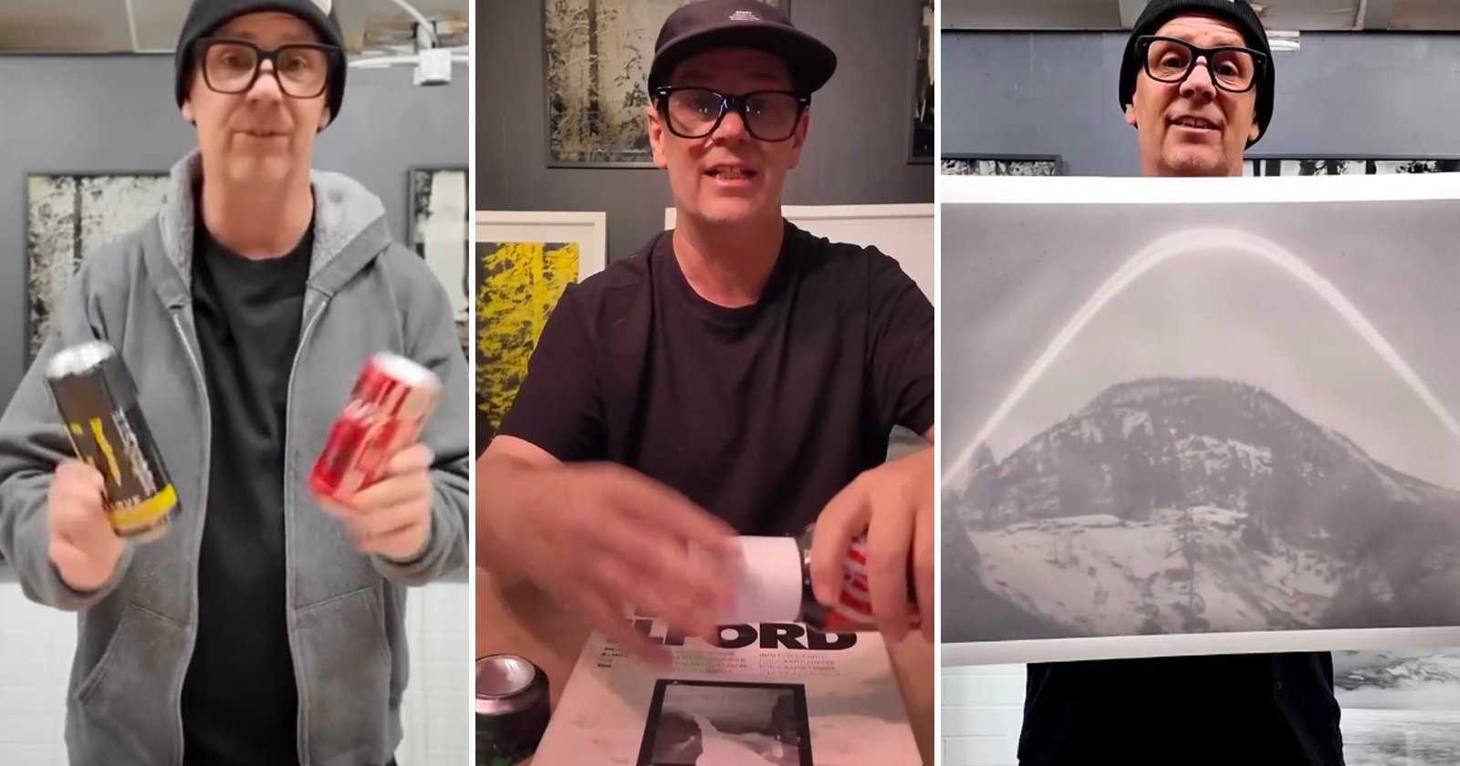 A man in glasses and a black cap demonstrates a trick with two soda cans, then reveals a photo of a mountain with a white arc added, split across three panels.