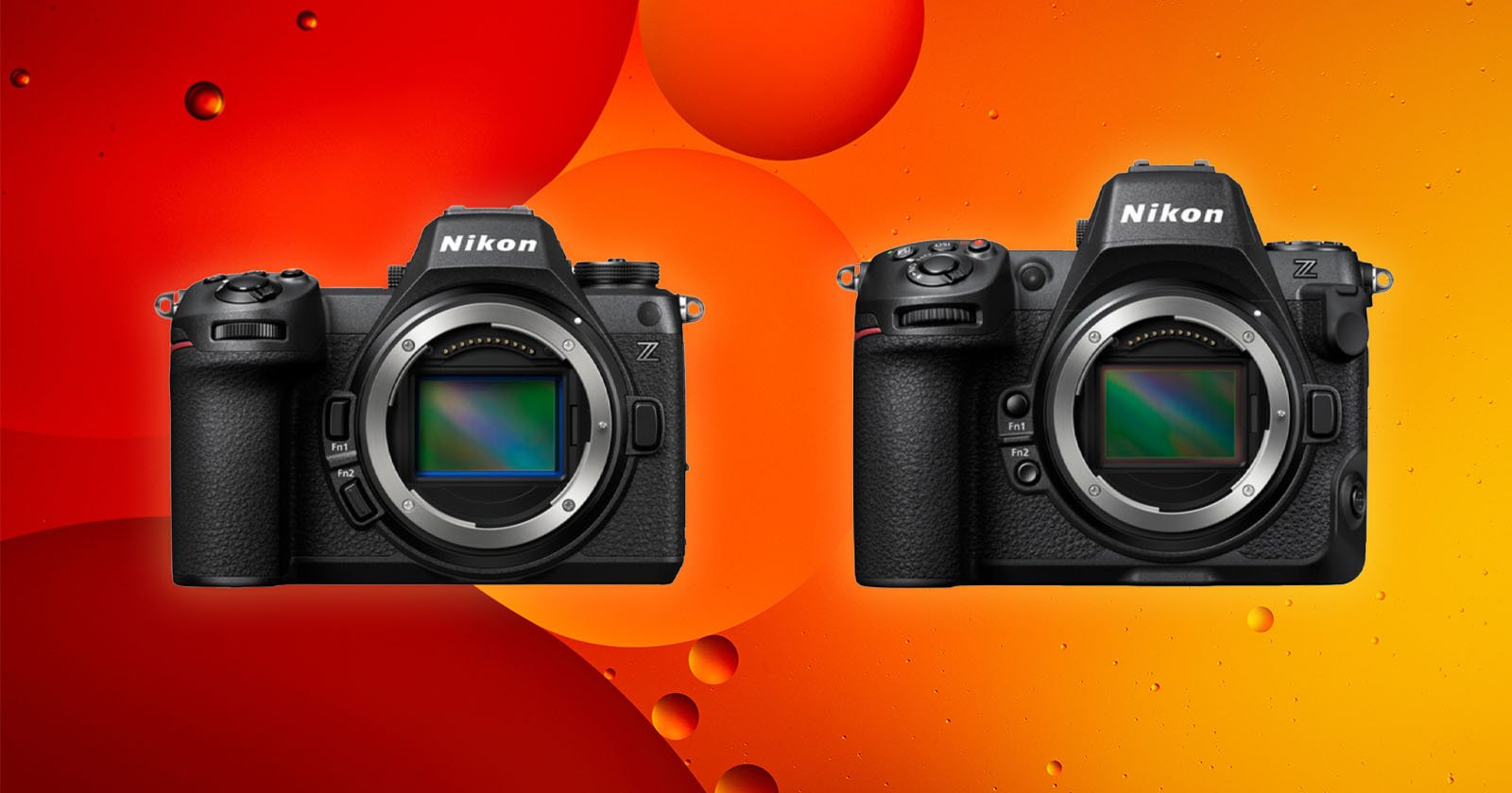 Two Nikon Z series mirrorless cameras side by side against a vibrant orange and red abstract background with circular shapes.