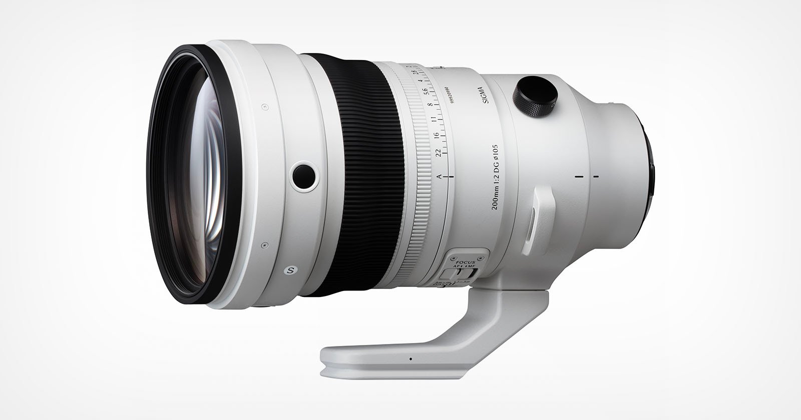 A large, white telephoto camera lens with a tripod mount and various control switches, displayed against a plain white background.