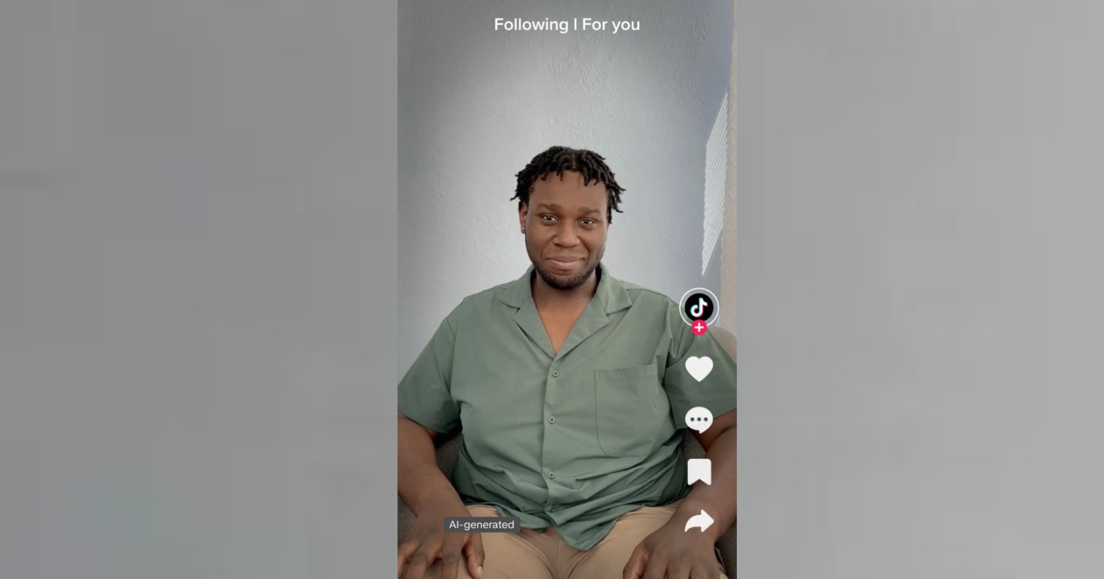 A seated man with short, curly hair and a casual green shirt smiles at the camera in a TikTok video. The screen shows typical TikTok interface elements, including icons for likes, comments, and favorites on the right side, with Following | For you text at the top.