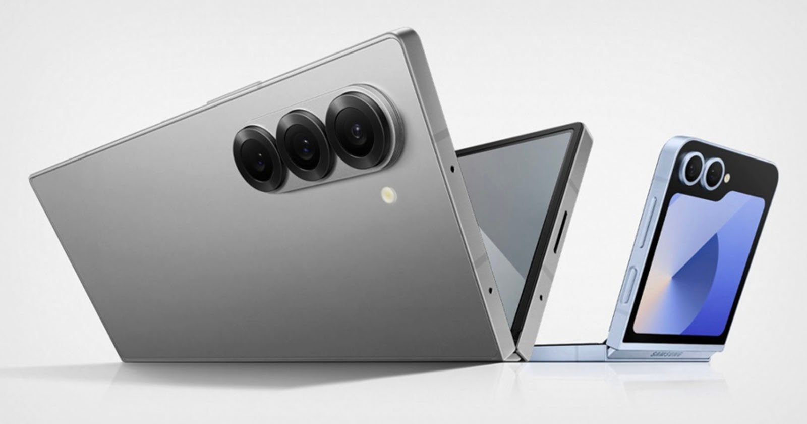 Two foldable smartphones are displayed against a white background. The phone on the left is unfolded to reveal its triple camera setup and slim profile. The phone on the right is half-folded showing its external screen and dual camera setup.