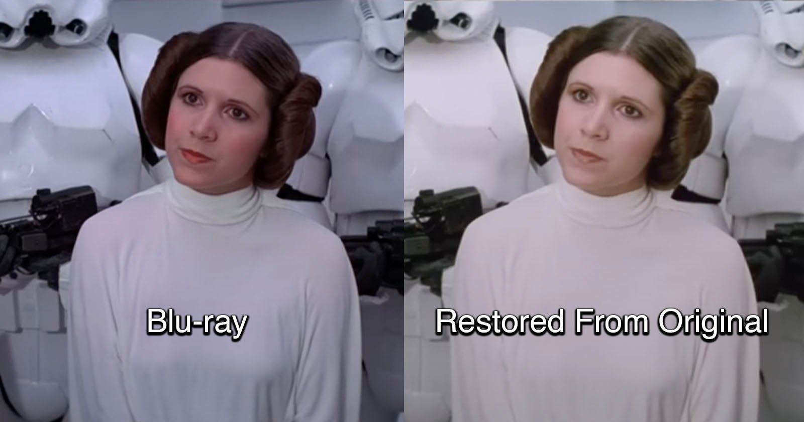 Side-by-side comparison of a scene from Star Wars. Left image labeled Blu-ray shows Princess Leia in a white outfit with defined, slightly darker colors. Right image labeled Restored From Original depicts the same scene with softer, more natural tones. Stormtroopers are in the background.